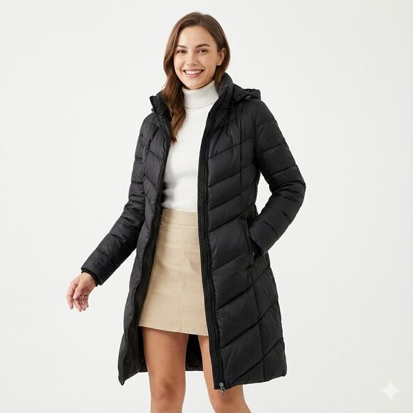 Lands’ End Womens Coat Sz Small Black Down Puffer Hooded Winter Cozy Insulated - Picture 1 of 12